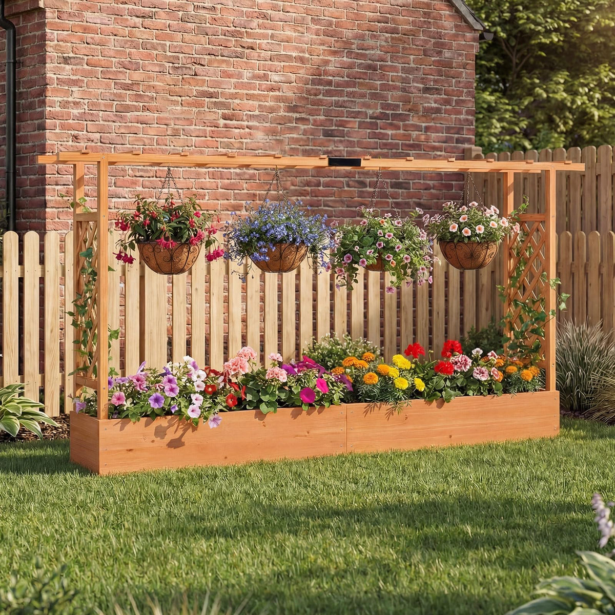 HAPPYGRILL 45" Raised Garden Bed with Trellis & /Hanging Roof