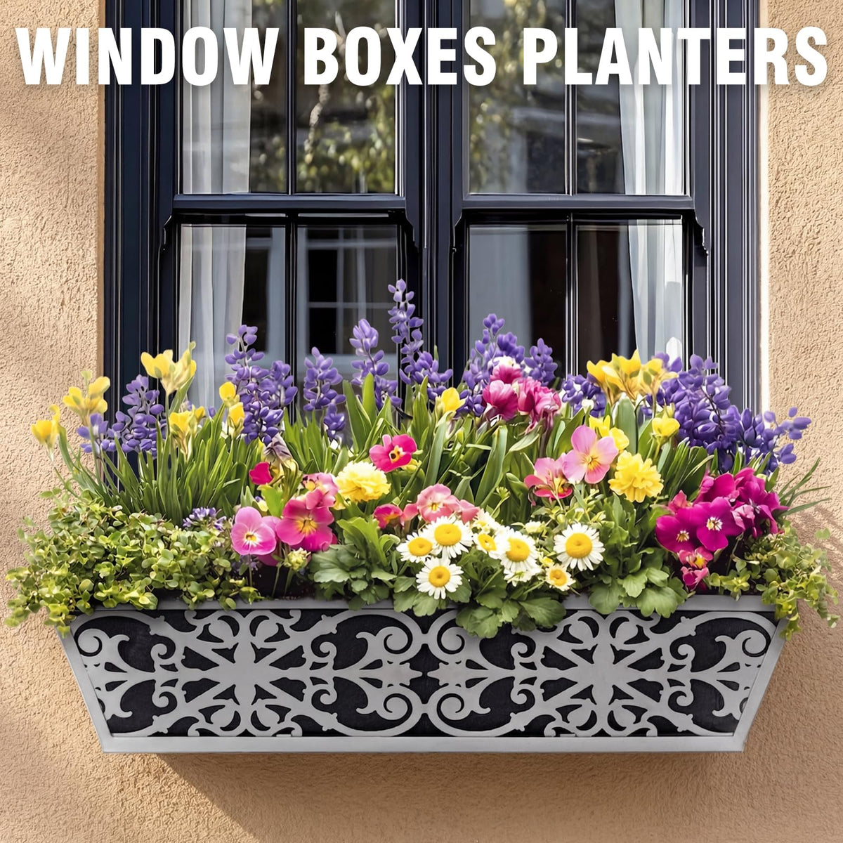 4 Pack 24 Inch Window Boxes Planter for Outdoor Plants Deck Railing Planters Box with Adjustable Brackets for Porch Fence Balcony Hanging Flower Baskets with Non-Woven Fabric Liner for Garden Decor