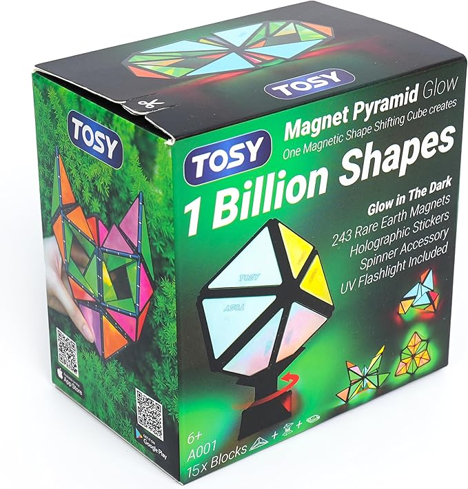 TOSY Magnet Pyramid Glow - 1 Cube Transforms into 1 Billion Shapes, 15 pcs (12 Puzzle pcs & 3 Accessories), 243 Magnets, Glowing, Christmas Stocking Stuffers Gift for Kids, Creative Puzzle STEM Toy