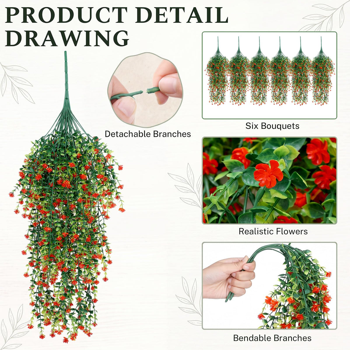 FineCheer 6 Pcs Fall Artificial Hanging Flowers Outdoor, Orange, Plastic