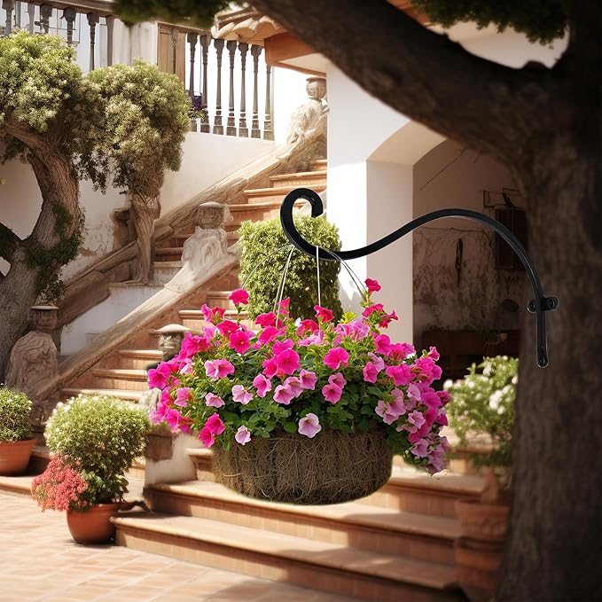 Hourleey 2 Pack Plant Hanger Outdoor, 12 Inch Heavy-Duty Hanging Plant Hook for Outside Basket, Black Metal Wall Mount Plant Bracket Hook for Flower Baskets Bird Feeder