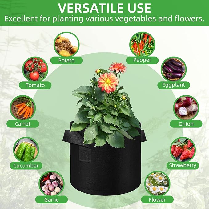 20 Pack 10 Gallon Plant Grow Bags, Breathable Felt Non-Woven Aeration Fabric Plant Grow Pots, Garden Planting Containers for Nursery Vegetable Flower Grow Bags with Handles (15.7x11.8inch)