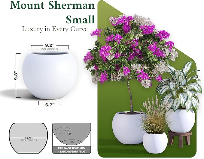 DTY Signature Mount Sherman 12.6''D x 9.8''H Modern Indoor Outdoor Fiberstone Sphere Planter, Durable Round Garden Pot, Weather Resistant, Drainage Hole & Rubber Plug - Small, White