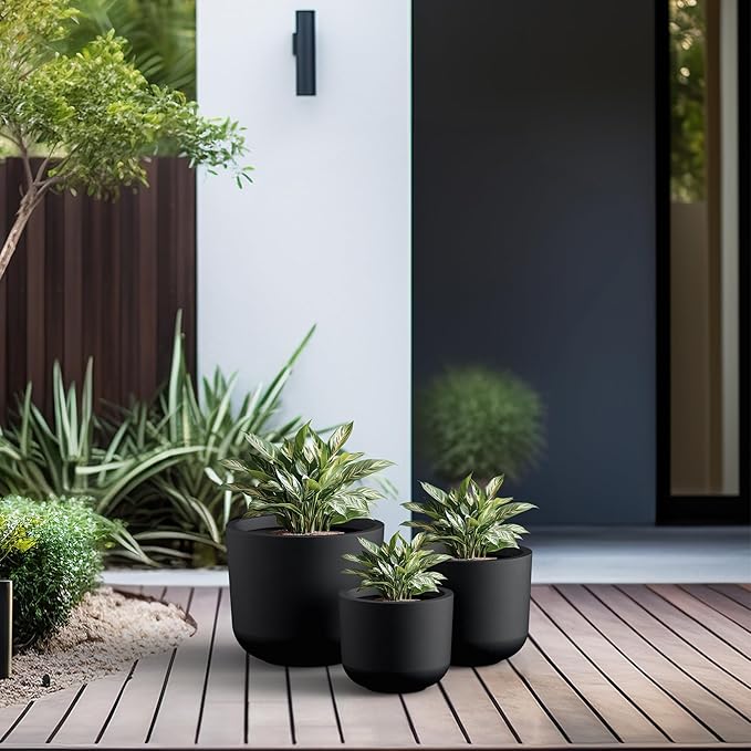 Kante 13",11",9" Dia Black Round Planters (Set of 3), Outdoor Indoor Modern Planter Pots, Lightweight, Weather Resistant, Seamless with Drainage Hole