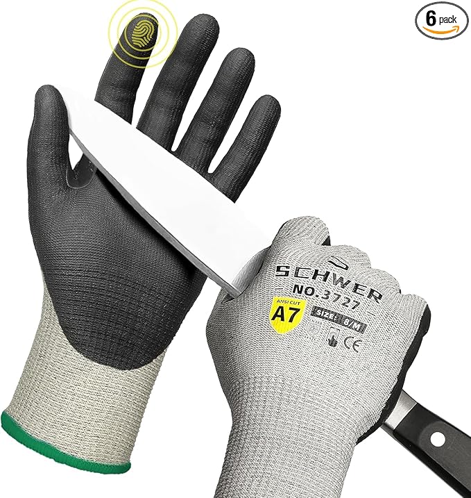 6 Pairs High Level Cut Resistant Work Gloves for High Risk Work, ANSI A7 Cutting Gloves with Reinforced Thumb, Used for WoodWorking, Construction, Non Slip, Durable, Breathable & Cool, M, PR3727