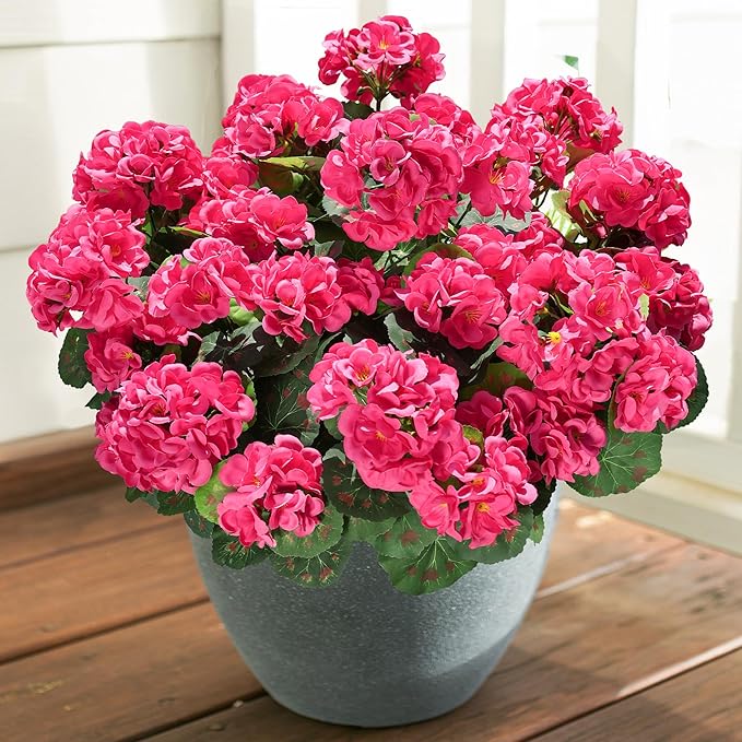 Artificial Geranium Fake Flowers for Outdoors Decoration, 6 Bundles Silk Geraniums Flower UV Resistant Look Real Faux Plants for Outside Planter Front Door Garden Patio Balcony Yard Home, Hot Pink