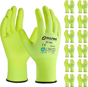DULFINE Work Gloves for Men and Women,Hi-Vis Yellow Knit Nylon Glove with MicroFoam Nitrile Coated-12 Pairs Pack,Ideal for General Purpose,Automotive,Home Improvement,Painting(XX-Large)