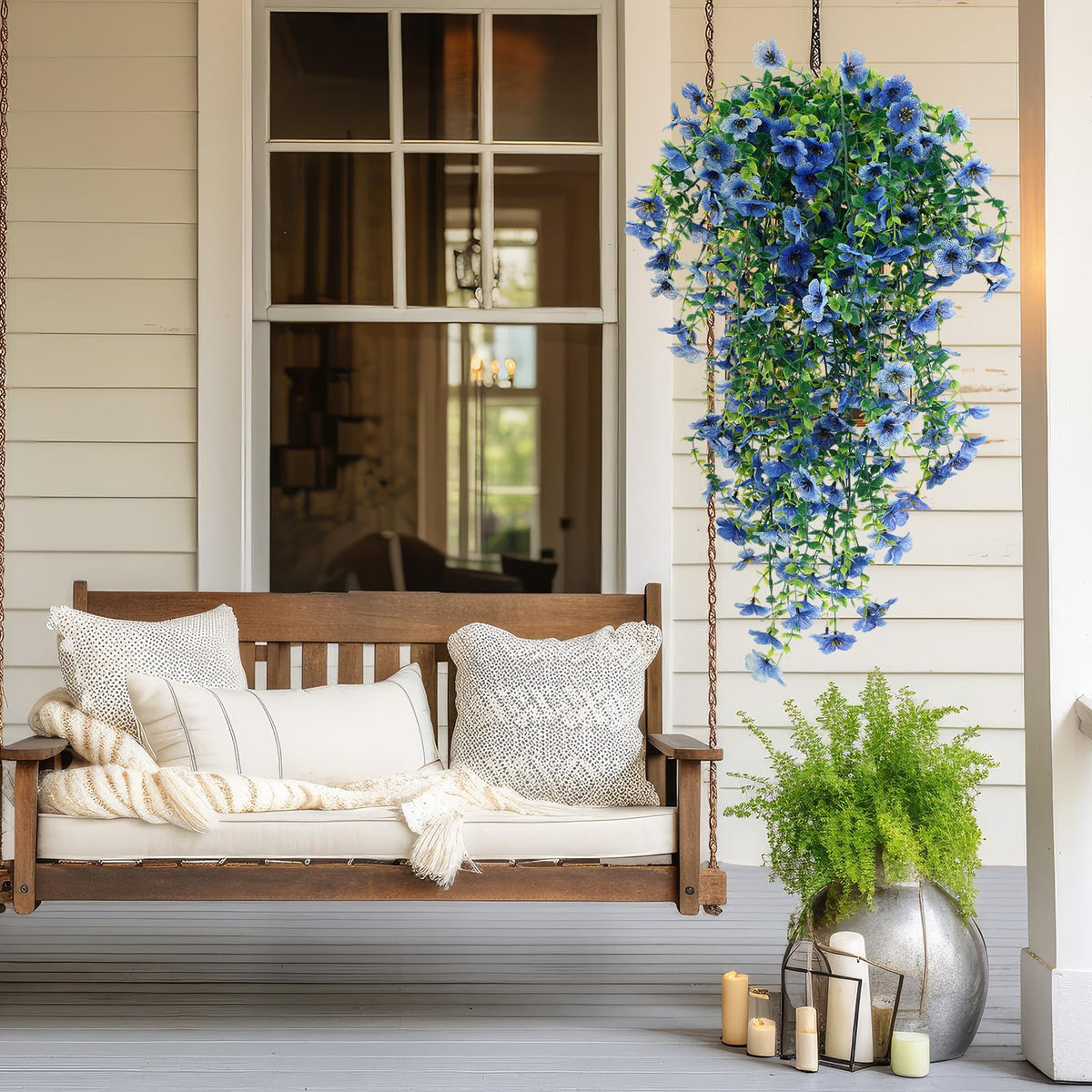 FineCheer 6 Pcs Fall Artificial Hanging Flowers Outdoor, Light Blue