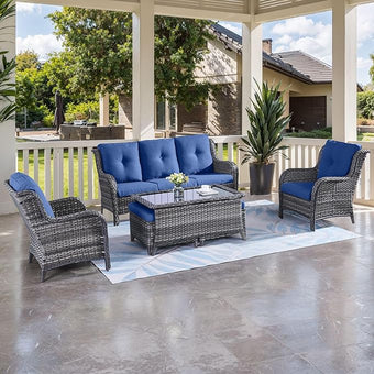 HUMMUH Outdoor Furniture 6 Pieces Patio Furniture Set Wicker Outdoor Sectional Sofa with 2 Patio Chairs,Ottomans,Coffee Table(Grey/Blue)