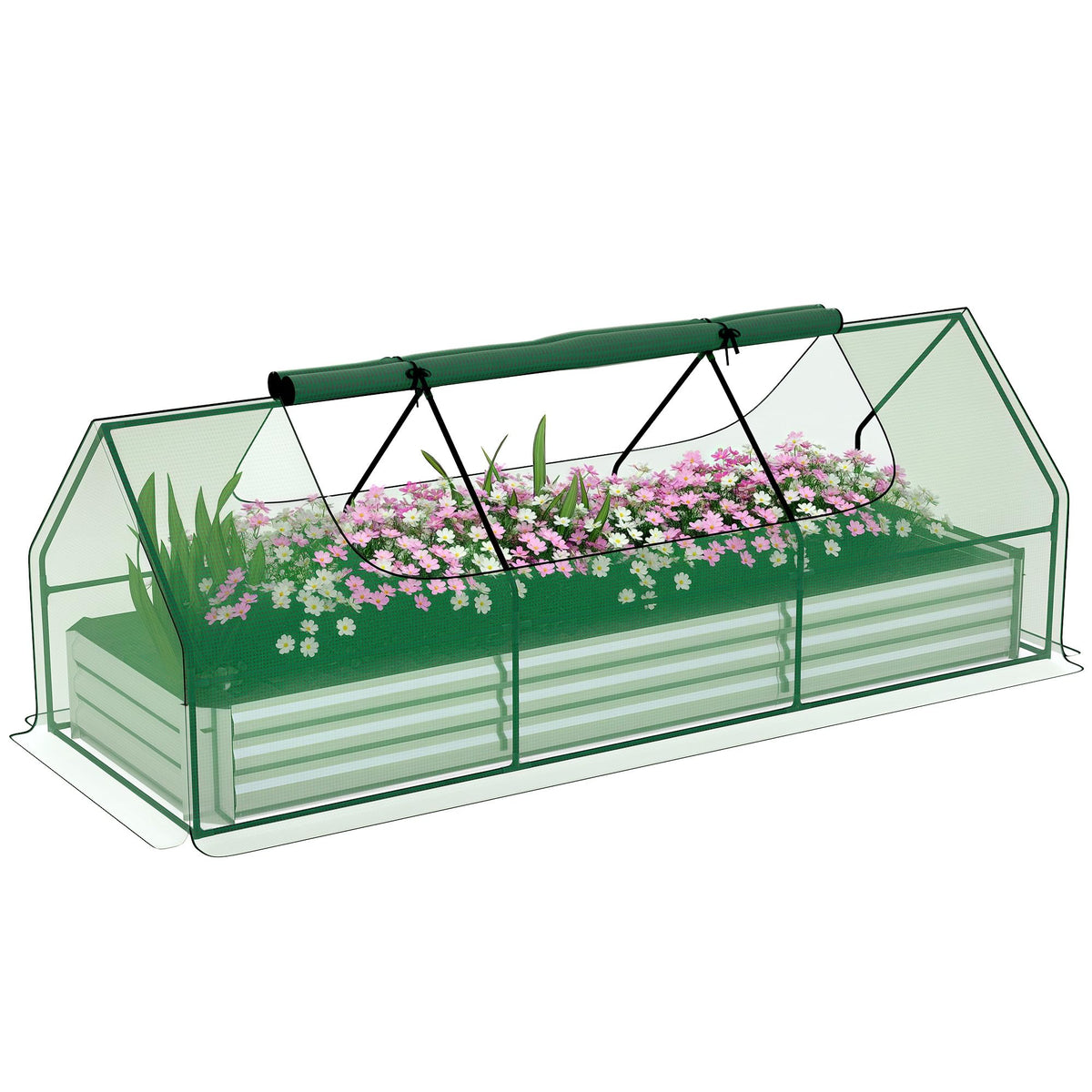 Outsunny 8.6 x 3 x 1ft Metal Planter Box with Mini Greenhouse, Green/Silver