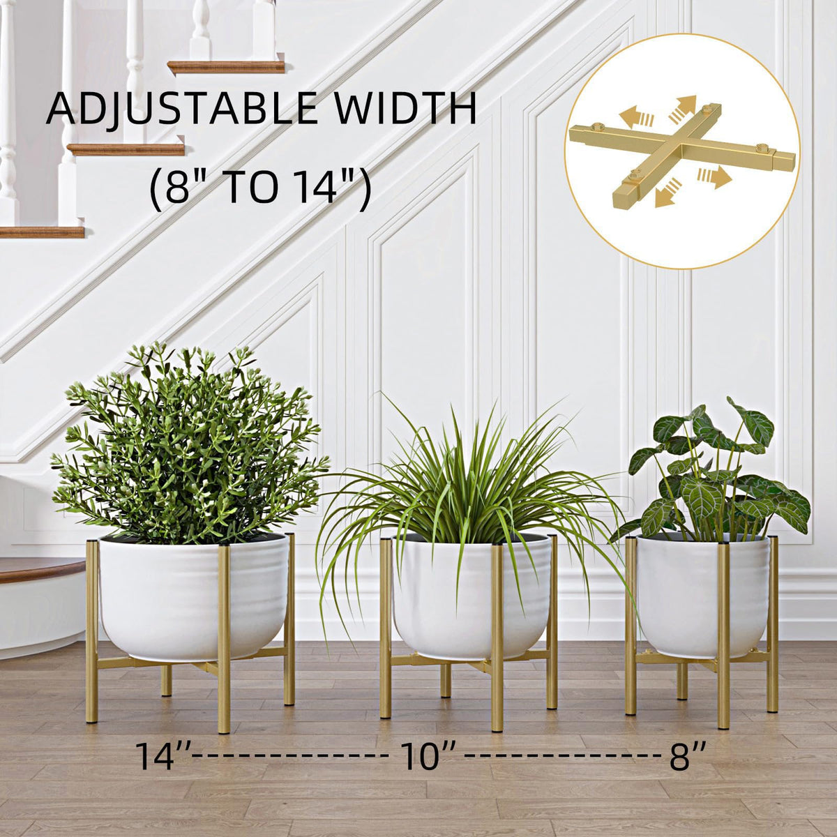 Rioneta Adjustable Metal Plant Stand Indoor, Fits 8-14 Inch Pots, Mid Century Modern Gold Planter Holder,2 Heights, Heavy Duty 160 lb, Indoor Outdoor Corner Floor Pot Stand, Golden 2 Pack