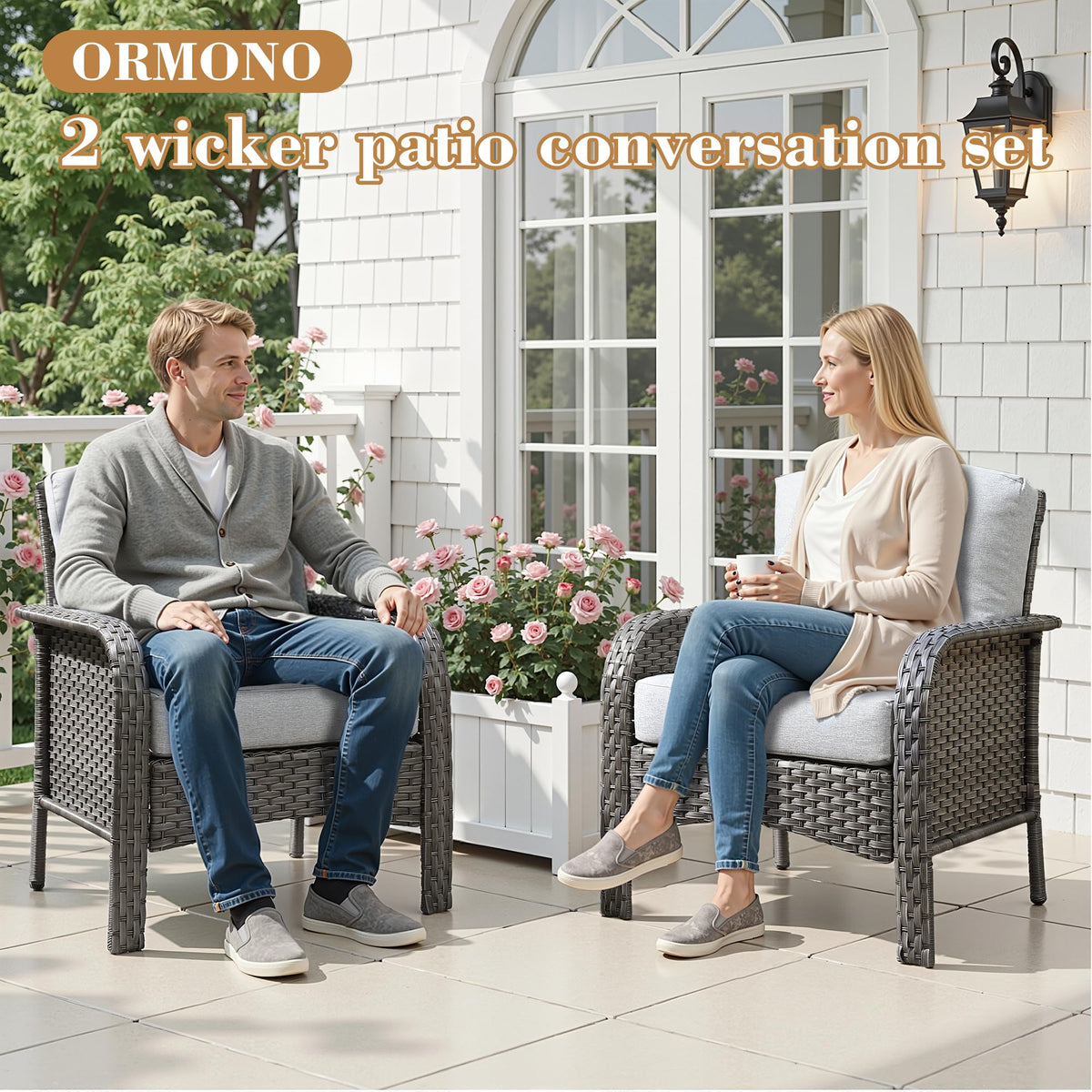 ORMONO 2 Pieces Patio Furniture Set, Two Single Chair Outdoor Furniture, All-Weather Rattan Wicker High Back Conversation Set of 2 for Small Space Porch, Backyard, Balcony, Grey