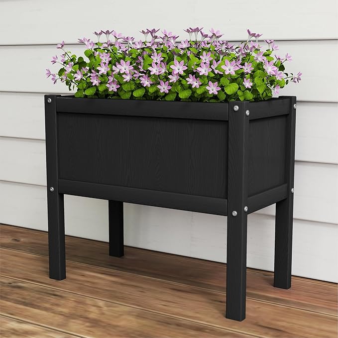 Raised Garden Bed with Drainage Hole Waterproof HDPE Elevated Planter Box with Legs Stable and Durable to Plant Herb Vegetable Flower,Patio,Balcony Outdoors/Indoors Black