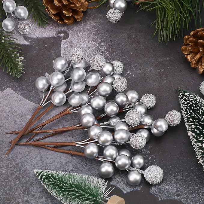 10pcs Fake Silvery Berries Artificial Glitter Decorations Glitter Foam Flower Core Lifelike Plants Picks Wedding Holiday DIY Crafts Bouquet