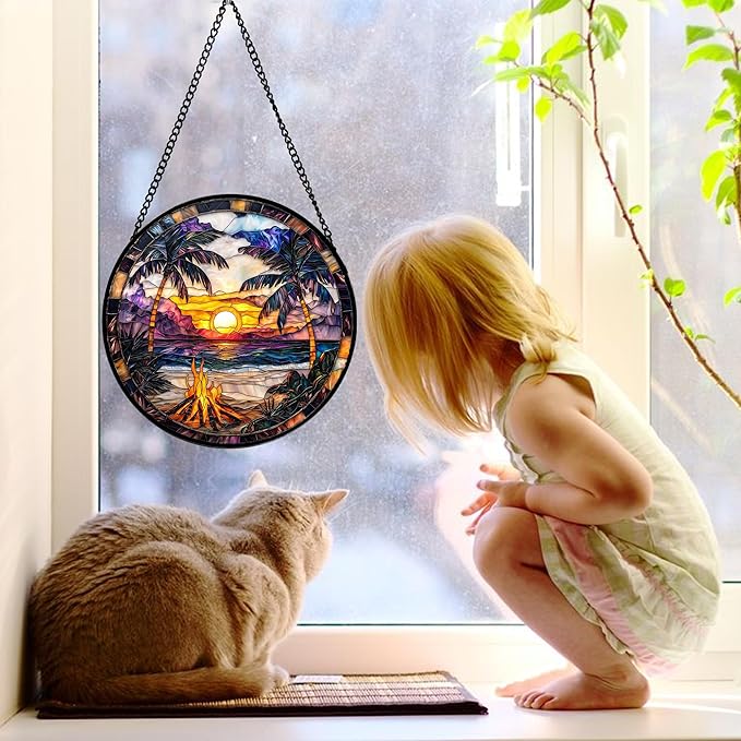 DASTOLL Stained Glass Window Hanging,Bonfire Beach Landscape Suncatcher Diamond Glass Panel Sun Catchers Decor for Birthday for Women, Men, Wife, Aunt, and Mom 7.8 in
