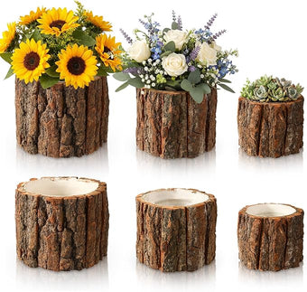 6 Pcs Wooden Vase for Centerpieces Woodland Table Decor Wooden Flower Vase Rustic Bark Stump Buckets Vintage Wood Planter Pots for Garden Party Wedding Window Home Farmhouse (L+m+s)