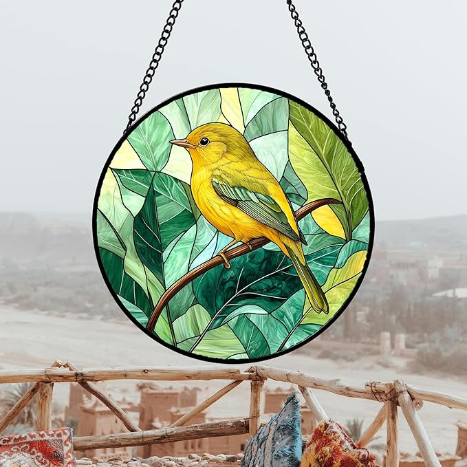 DASTOLL Stained Glass Window Hanging 4 Pcs Set Green Plants Animals Theme 7.8" - Bird Tiger Suncatcher Door Garden Sun Catcher Decor Birthday for Mom Woman Nana Men Friend