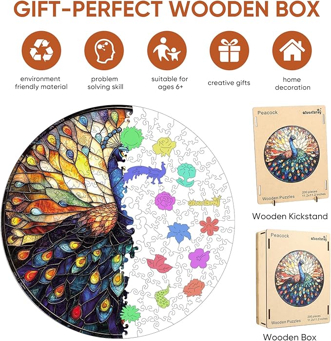 Qiuenisray Jigsaw Puzzles for Adults 200 Pieces, Beautiful Wooden Puzzles Stained Glass Peacock, FSC Certified Unique Shape Adult Puzzles, for Family Friend 11.2 x 11.2 in