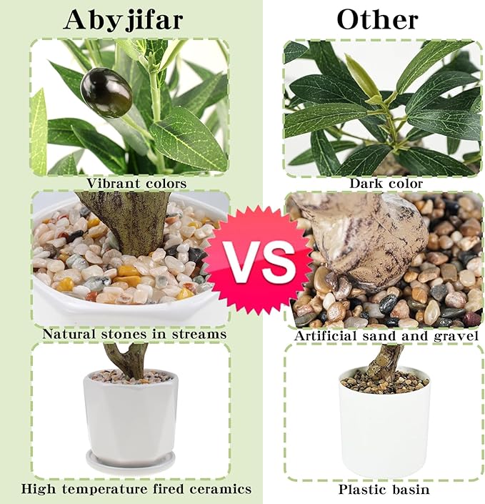 Abyjifar 20" Artificial Olive Tree with Pot, Faux Green Potted Plants Indoor Fake Greenery Olive Branches Stems in Pot for Tabletop Desk Office Kitchen Living Room Bedroom Bathroom Home Decor