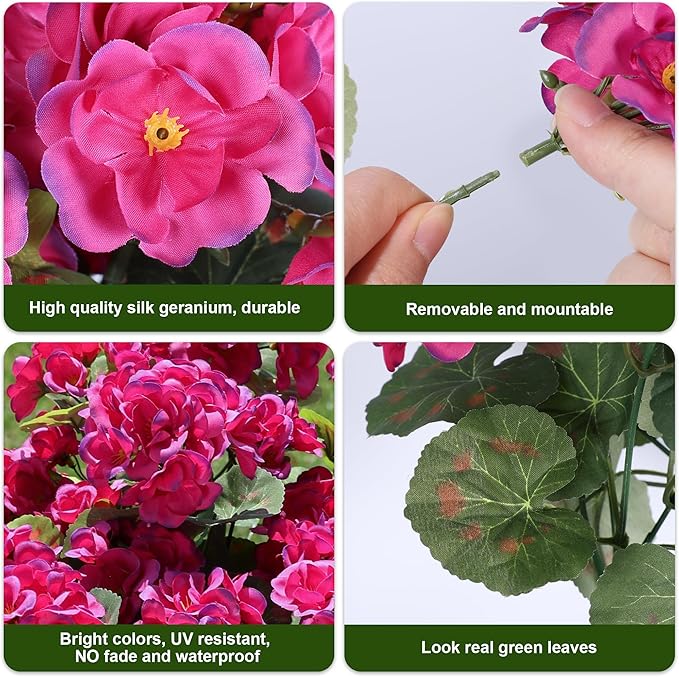 Artificial Geranium Fake Flowers for Outdoors Decoration, 6 Bundles Silk Geraniums Flower UV Resistant Look Real Faux Plants for Front Door Garden Porch Planter Patio Balcony Yard Indoor Home, Mix