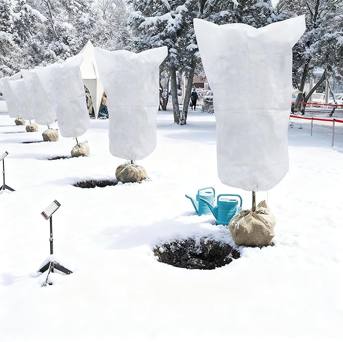 EAONE 12 Pack Plant Covers Freeze Protection, 32x47'' Winter Frosts Cloth for Outdoor Plants, Reusable Frost Blankets Drawstring Bags for Cold Freeze Sun Protection Bird Insect Prevention,White