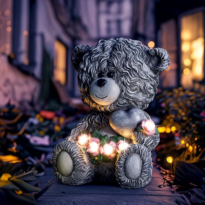 Solar Garden Outdoor Statues Bear with Heart and Pink Flower and 5 LED Lights-Lawn Decor Bear Statue for Patio, Balcony, Yard Ornament-Unique Valentine's Day and Housewarming Gifts for Mom, Women