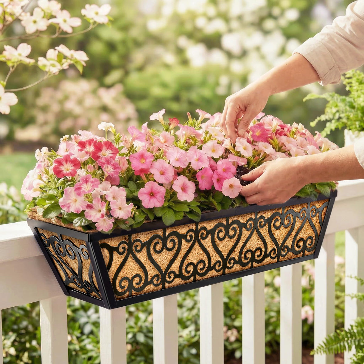 EINYEXW 6 Pack 30 Inch Deck Railing Planter Box - Window Boxes Planters with Adjustable Brackets Coco Liners Balcony Planters Railing Hanging for Window Flower Boxes Outdoor Garden Decor