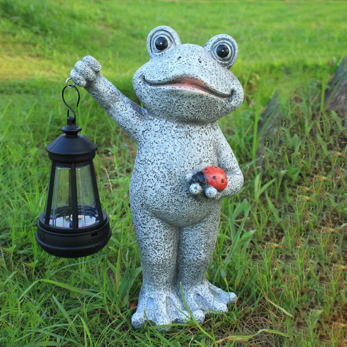 Yewanye Solar Frog Garden Statue, Resin Figurine with Ladybug & Hanging Solar Lantern Outdoor Decor