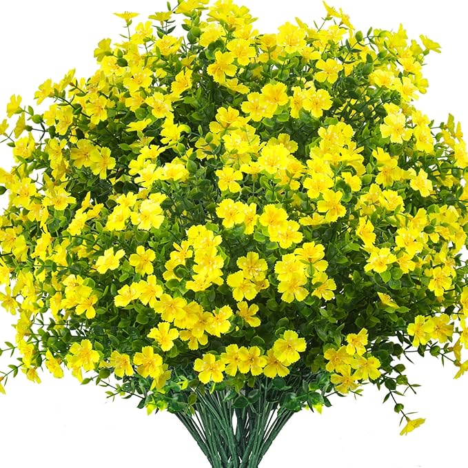 Grunyia Outdoor Artificial Flowers UV Resistant & Fade Proof, 12 Pack Realistic Fake Flowers for Garden, Patio, Lawn Decor - Weatherproof Plastic Plants(Yellow)