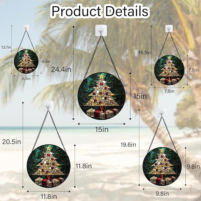 HWRHTR Stained Glass Window Hanging -Golden Christmas Tree Suncatcher for Doors Home Christmas Decoration Winter Sun Catcher Thanksgiving New Year Birthday Gifts for Women Men Mom Nana Girl 15 in