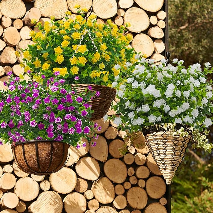 Grunyia 10 Bundles Artificial Fake Flowers, Faux Outdoor Plastic Plants UV Resistant Shrubs Outside Indoor Decorations (White-Eucalyptus)