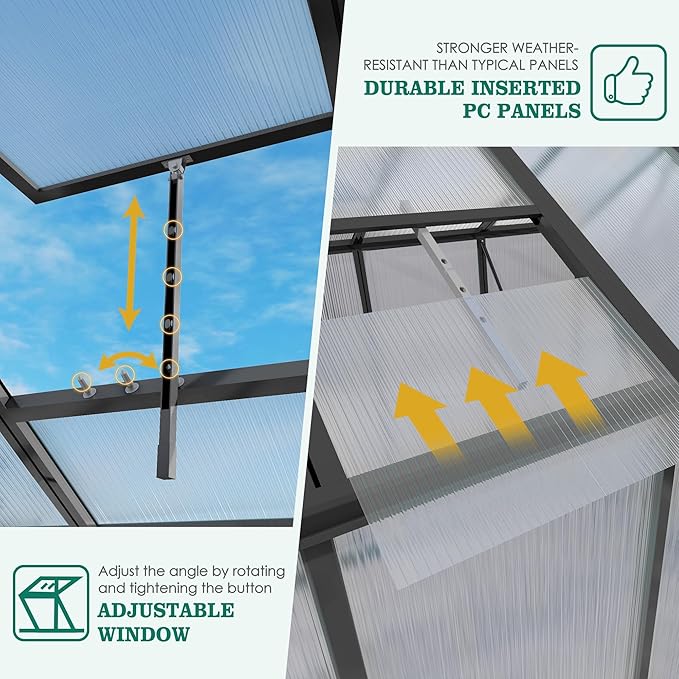 6x10 FT Greenhouse,Outdoor Greenhouse W/ Roof Vent,Walk-in Aluminum Polycarbonate Green House W/ Drainage System & Ground Nails,Green Houses for Outside Garden,Backyard,Patio,Lawn,Black