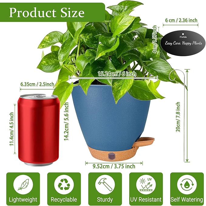 6 Inch Self Watering Pots for Indoor Plants (5-Pack) – Small Plastic Planters with Water Window, Drainage Holes & Trays, Indoor Outdoor Flower Pots for Herbs, Succulents, Home Garden Decor (Navy Blue)