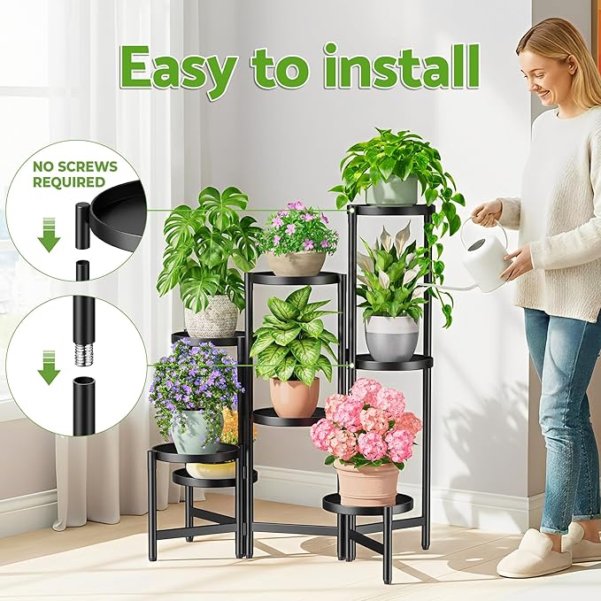NQW 8 Tiered Plant Stand Indoor for Multiple Large Planter, Tall Heavy Duty Adjustable Folding Rack with Rustproof 7.9 Inch Wide Tray, Plant Shelf for Corner Living Room - BlackDisk