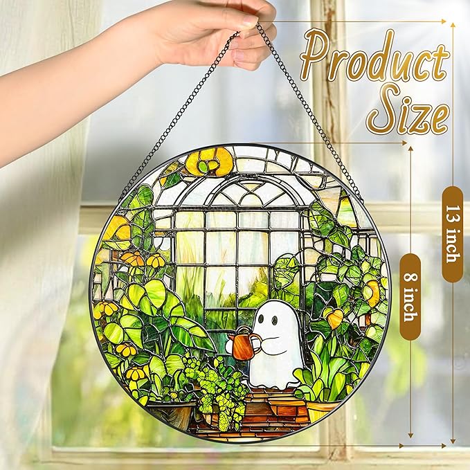 LAOWEIKI 8'' Halloween Ghost Greenhouse Sun Catcher Ornament, Stained Glass Window Hanging, Sun Catchers for Windows Hanging Ornaments, Window Decor, Holiday Present, Ideal Gift | Plant Lovers Gifts