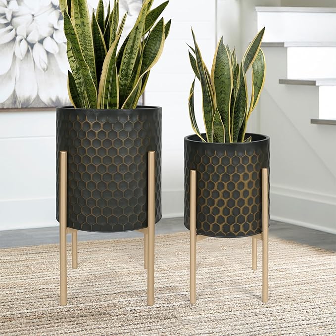 Oakrain Mid Century Planters for Indoor Plants, Set of 2, Modern Decorative Metal Pots for Living Room, Office, Garden or Balcony, Black&Golden Honeycomb, 10inch&12inch