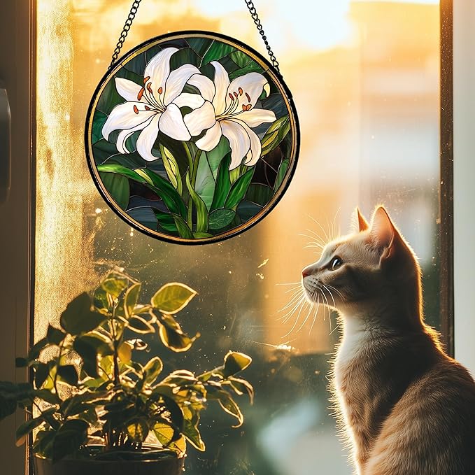 Stained Glass Window Hanging, White Lily Suncatcher for Door Garden Patio Birth Flower Green Plant Sun Catchers Decor Christmas Mother's Day Birthday Gifts for Women Mom Nana Friend 15 in