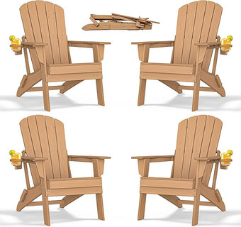 nevilywood Folding Adirondack Chair with Cup Holder Set of 4, HDPE Patio Chairs,All-Weather Outdoor Chairs for Backyard, Deck,Fire Pit-TeakBrown