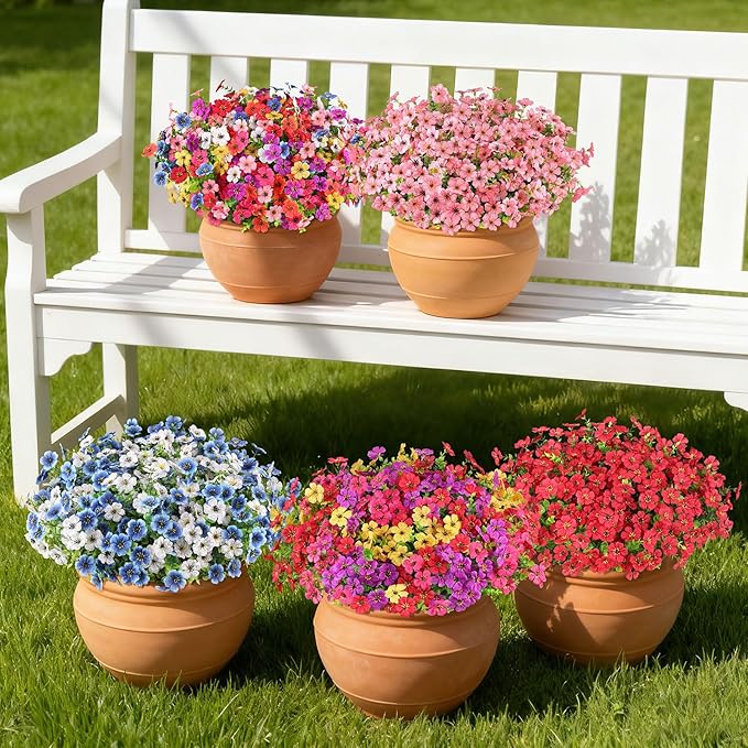 16 Bundles Artificial Flowers for Outdoors, Realistic Fake Silk Flowers for Outside, UV Resistant Faux Plants for Outdoor Planters - Spring Summer Porch Decor (4 Colors)