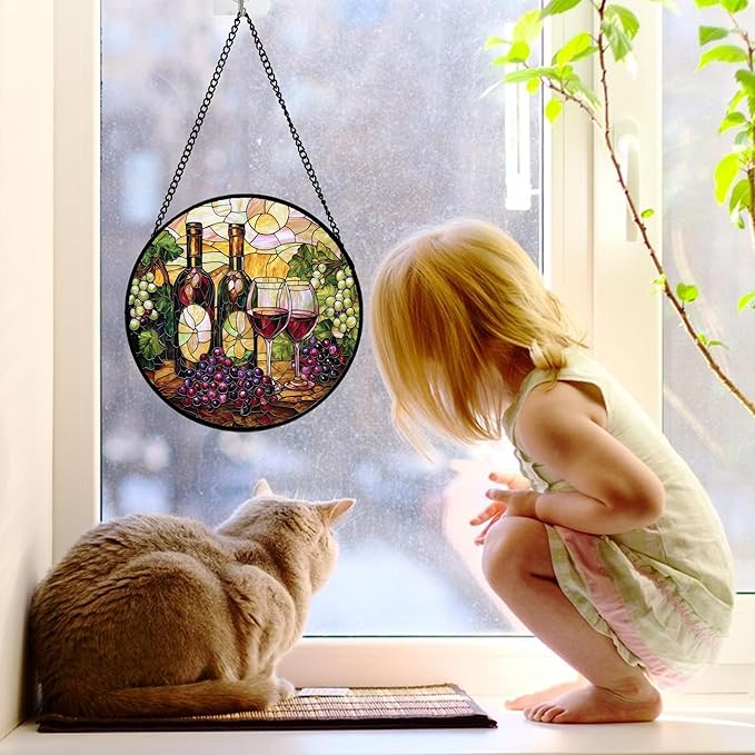 Stained Glass Window Hanging, Grapes and Wine Suncatcher Diamond Glass Panel Hangings Sun Catchers Decor for Birthday for Women, Men, Wife, Aunt, and Mom 6.3 in