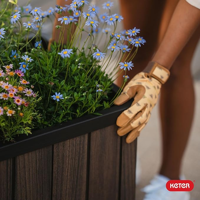 Keter Signature 21.6 Inch Tall Square Large Wood Look Planter for Indoor or Outdoor Flower Pot Ideal for Patio Deck and Front Porch Decor, Rosewood