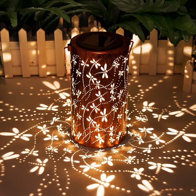 Birthday Gifts for Women Mom Grandma Ladies Solar Lanterns Outdoor Hanging Dragonfly Hollowed-Out Metal Waterproof LED Garden Decor Outside for Patio Yard Porch
