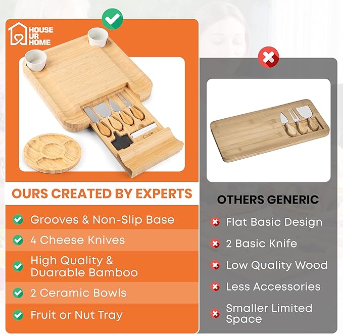 Large Bamboo Charcuterie Board Gift Set with Hidden Drawer, Fruit Tray, Knives & Bowls for Hosting & Holiday Entertaining