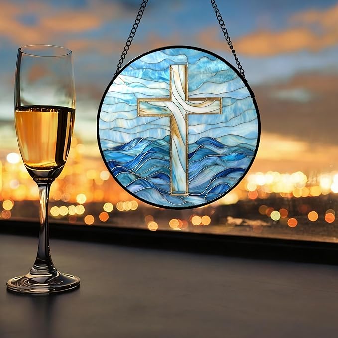 JOSUMALY Christian Gifts for Women - Blue Cross Stained Glass Window Hanging Jesus Easter Ocean Waves Sun Catcher Garden Religion Decor Mother's Day Catholic Gift for Men Grandma Mom Her Nana 15"
