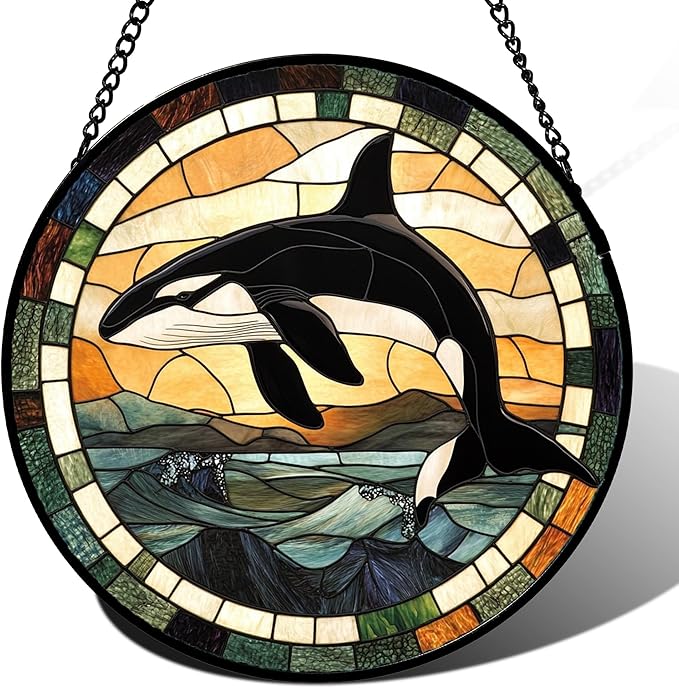 Stained Glass Window Hanging Ocean Wave Killer Whale Large 15" - Suncatcher Door Garden Sunroom Sun Catcher Home Decor Birthday Christmas for Mom Men Woman Nana