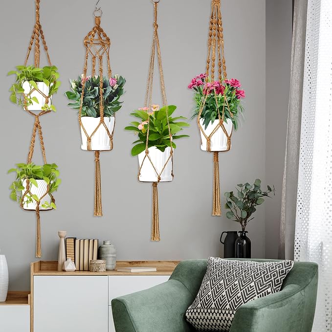 Hoteam 12 Pcs Macrame Plant Hangers Macrame Hanging Planters for Indoor Plants Handmade Boho Hanging Baskets Flower Pots Holder for Outdoor Home Wall Decor
