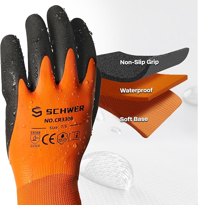 Schwer 2 Pairs Waterproof Work Gloves for Men and Women CR3306, Gardening Gloves with Double Latex Coated, Non-slip Working Gloves, Outdoor Construction, Car and Fish Cleaning, No Fleece Lining, M