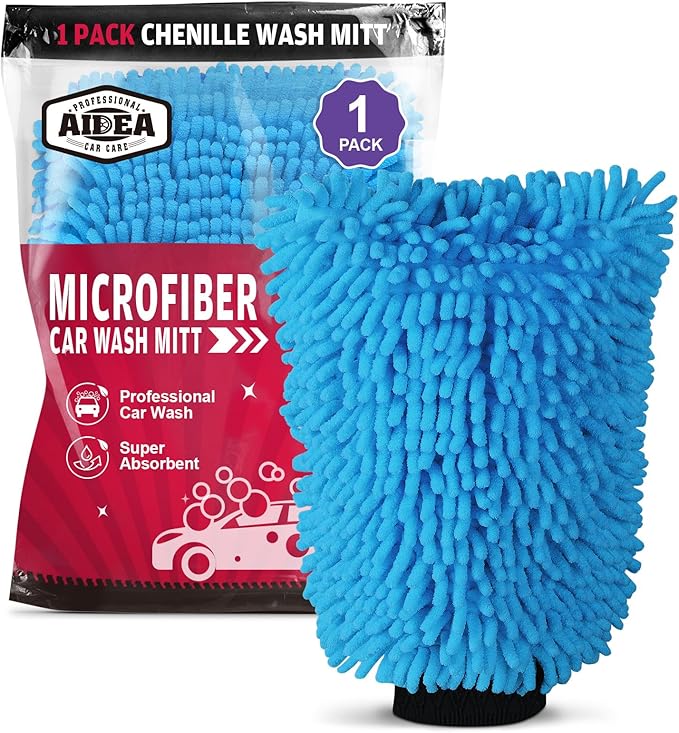 AIDEA Car Wash Mitt Microfiber, 1PK Scratch Free Lint-Free, Premium Chenille Microfiber Sponge Mitt Car Wash Brush, Blue, Regular Size 7.12''X10.14''