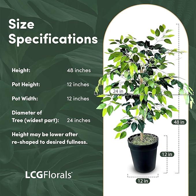 LCG Florals 4ft Ficus Tree in Black Pot with Real-Wood Trunk - Indoor and Outdoor Faux Plants for Patio, Living Rooms, Offices & Outdoor Spaces