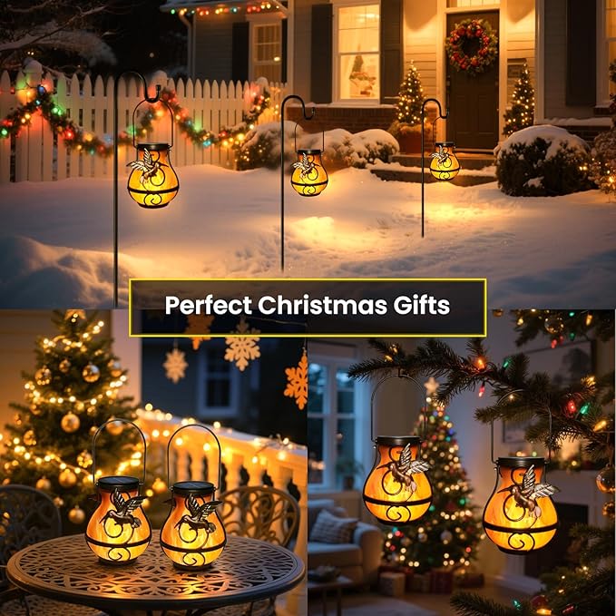 2 Pack Solar Lanterns Outdoor Waterproof, Hanging Hummingbird Flickering Flame Light Garden Decor Hanging Lights Decorative for Outside Patio Pathway Yard Christmas Birthday Gifts